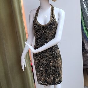 Black Tie Oleg Cassini 100% Silk Gold Beaded Dress Size 6